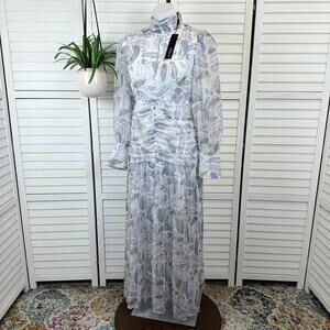 New Beulah Style White Purple Paisley Maxi Dress Ruched Mock Puff Sleeves Size M